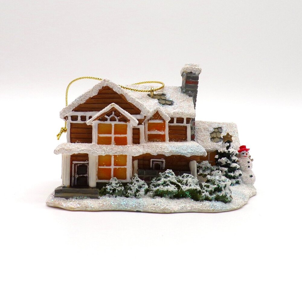 Thomas Kinkade Winter House Ornament Christmas Decoration Snowman Glitter 2.25"